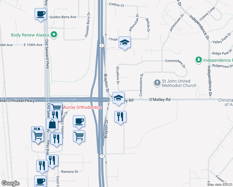 map of restaurants, bars, coffee shops, grocery stores, and more near 1571 Elcadore Drive in Anchorage