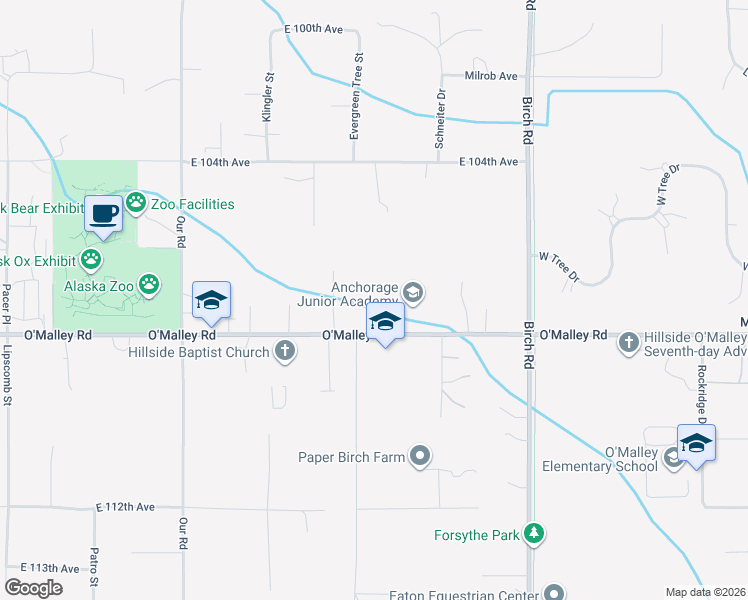 map of restaurants, bars, coffee shops, grocery stores, and more near 5441 O'Malley Rd in Anchorage