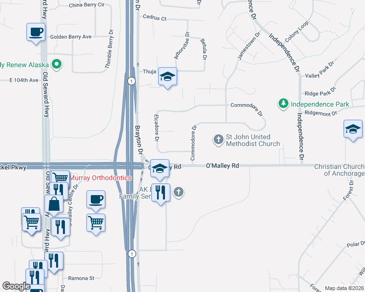 map of restaurants, bars, coffee shops, grocery stores, and more near 1501 Elcadore Drive in Anchorage