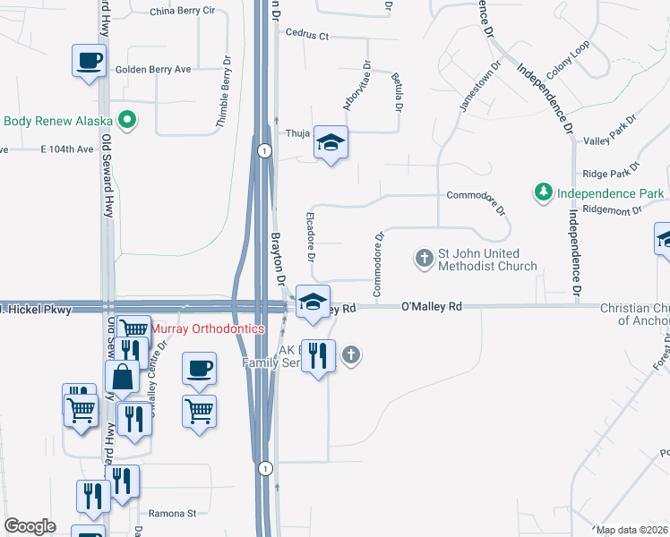 map of restaurants, bars, coffee shops, grocery stores, and more near 1540 Elcadore Drive in Anchorage