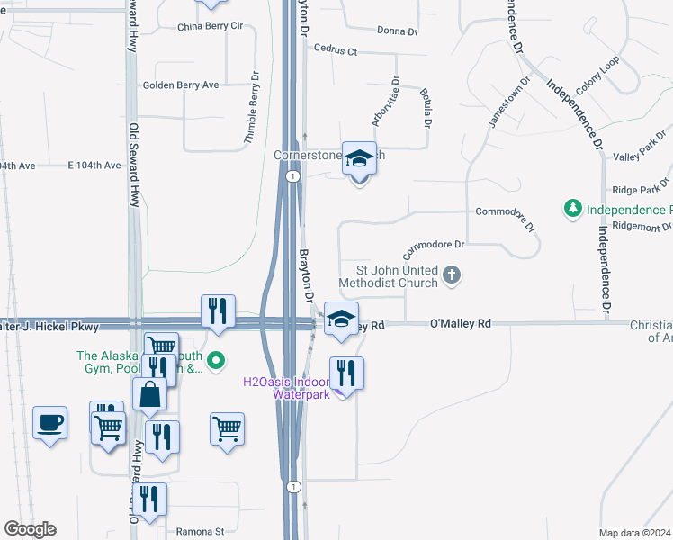 map of restaurants, bars, coffee shops, grocery stores, and more near 1651 Elcadore Drive in Anchorage