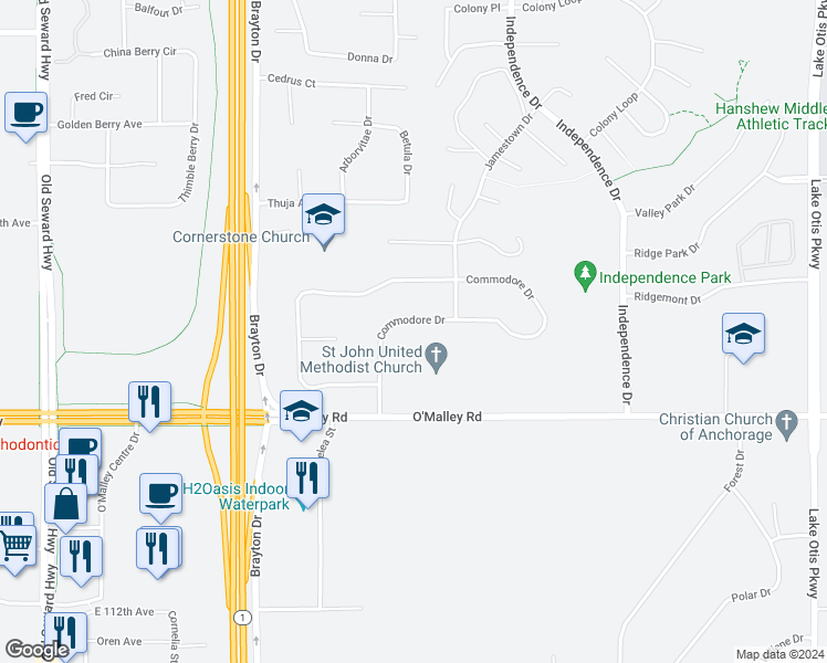 map of restaurants, bars, coffee shops, grocery stores, and more near 1720 Commodore Drive in Anchorage