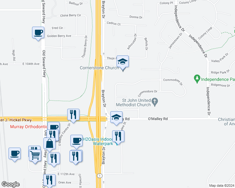 map of restaurants, bars, coffee shops, grocery stores, and more near 1501 Elcadore Circle in Anchorage