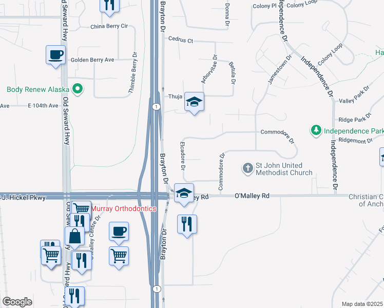 map of restaurants, bars, coffee shops, grocery stores, and more near 1521 Elcadore Circle in Anchorage