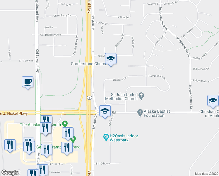 map of restaurants, bars, coffee shops, grocery stores, and more near 1521 Elcadore Circle in Anchorage