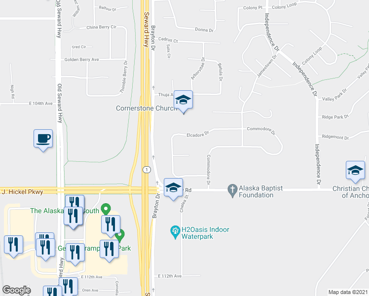 map of restaurants, bars, coffee shops, grocery stores, and more near 1521 Elcadore Circle in Anchorage