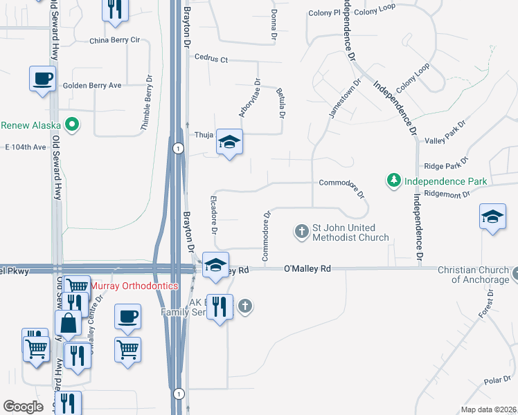 map of restaurants, bars, coffee shops, grocery stores, and more near 10600 Commodore Drive in Anchorage