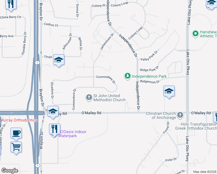 map of restaurants, bars, coffee shops, grocery stores, and more near 1947 Commodore Drive in Anchorage