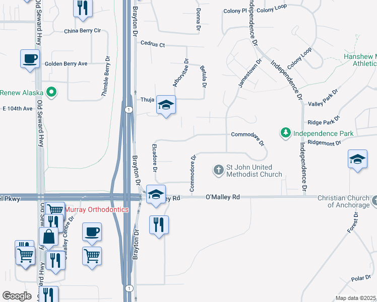 map of restaurants, bars, coffee shops, grocery stores, and more near 10600 Commodore Dr in Anchorage
