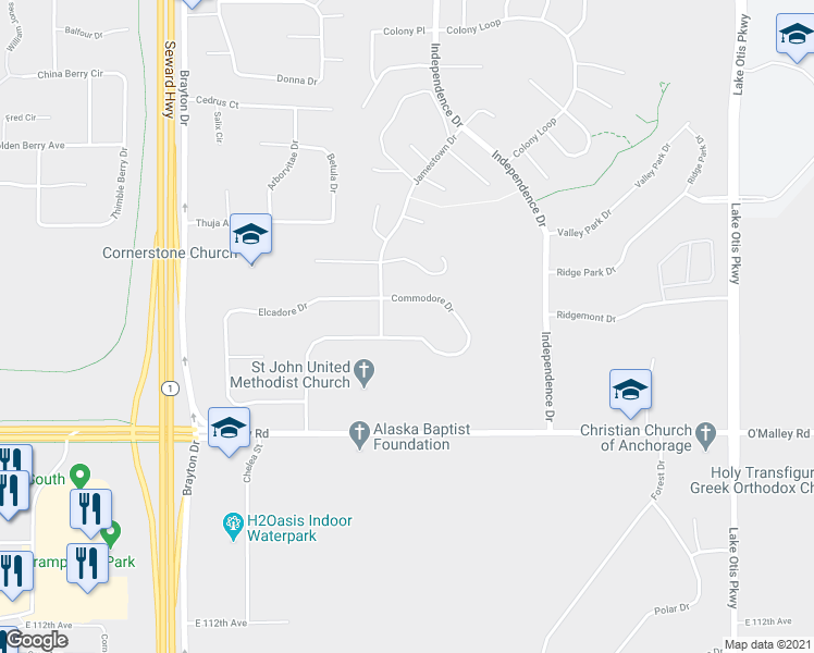 map of restaurants, bars, coffee shops, grocery stores, and more near 1911 Commodore Drive in Anchorage