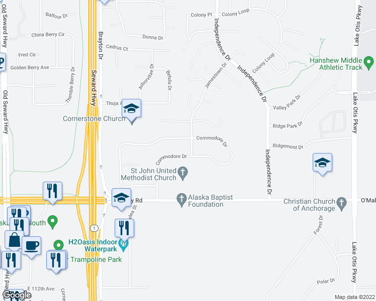 map of restaurants, bars, coffee shops, grocery stores, and more near 1831 Commodore Drive in Anchorage