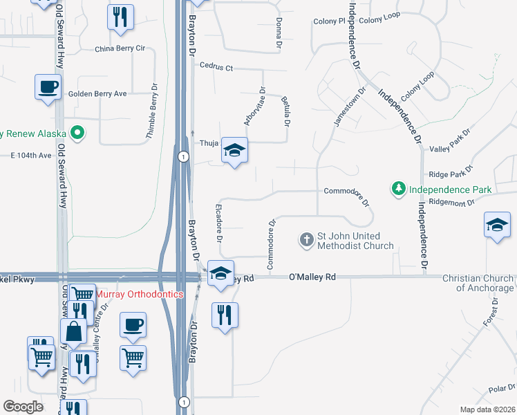 map of restaurants, bars, coffee shops, grocery stores, and more near 1740 Elcadore Drive in Anchorage