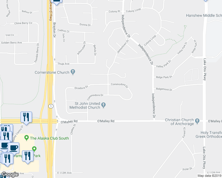 map of restaurants, bars, coffee shops, grocery stores, and more near 10531 Jamestown Drive in Anchorage
