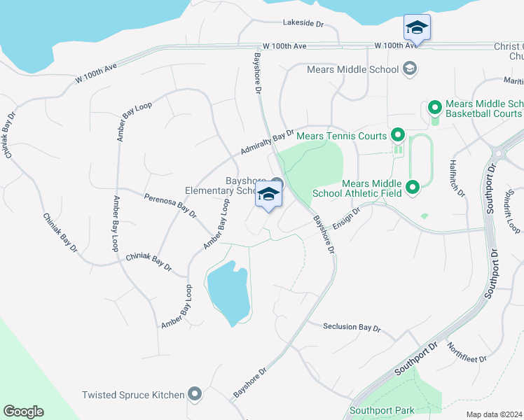 map of restaurants, bars, coffee shops, grocery stores, and more near 10500 Bayshore Drive in Anchorage