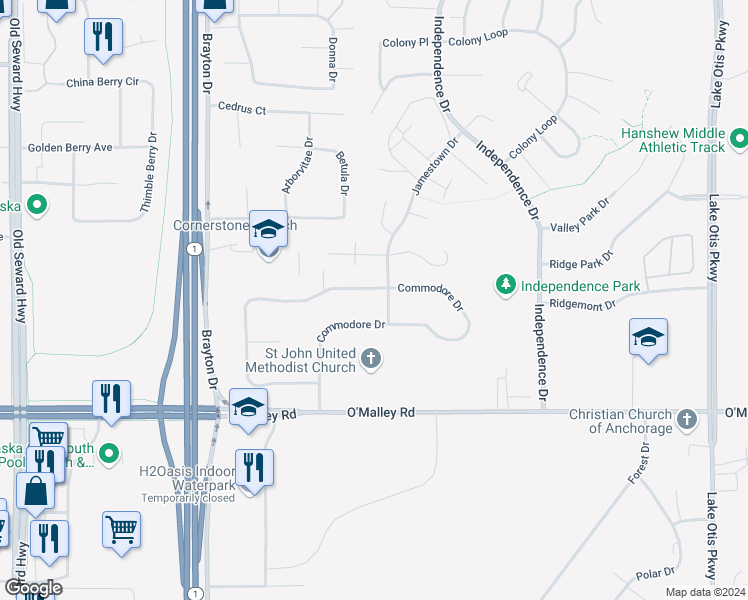 map of restaurants, bars, coffee shops, grocery stores, and more near 1831 Commodore Drive in Anchorage