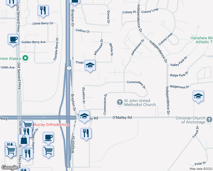 map of restaurants, bars, coffee shops, grocery stores, and more near 1741 Commodore Drive in Anchorage