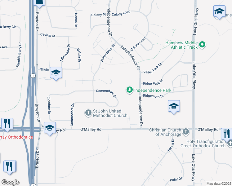 map of restaurants, bars, coffee shops, grocery stores, and more near 1947 Commodore Drive in Anchorage