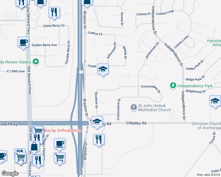 map of restaurants, bars, coffee shops, grocery stores, and more near 10600 Commodore Drive in Anchorage