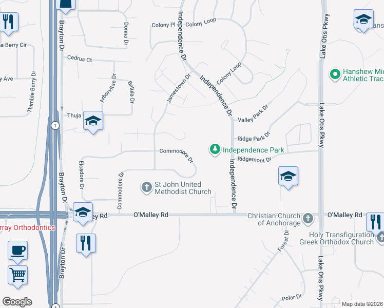 map of restaurants, bars, coffee shops, grocery stores, and more near 1947 Commodore Drive in Anchorage
