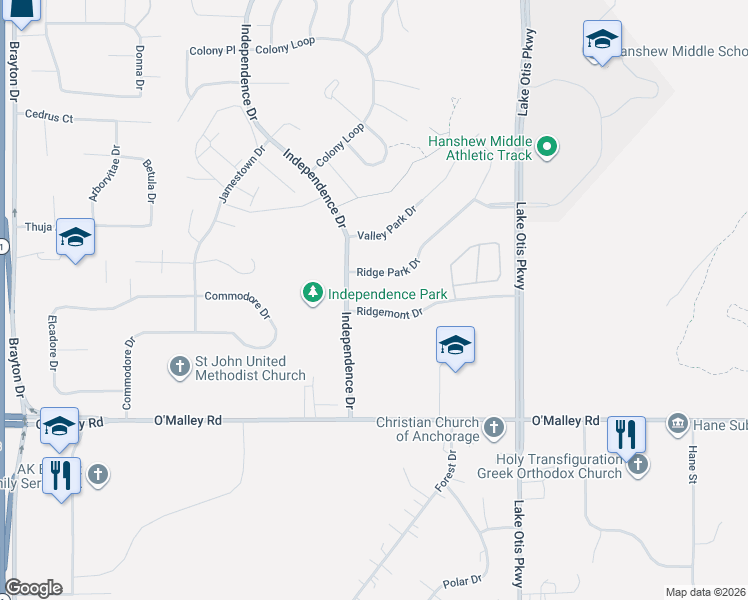 map of restaurants, bars, coffee shops, grocery stores, and more near 2206 Ridgemont Drive in Anchorage