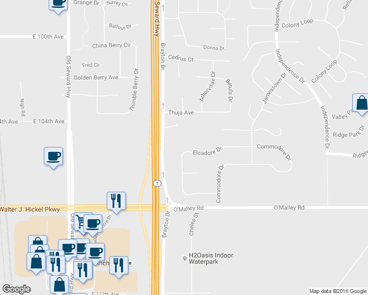 map of restaurants, bars, coffee shops, grocery stores, and more near 1651 Elcadore Drive in Anchorage