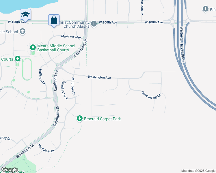 map of restaurants, bars, coffee shops, grocery stores, and more near 10641 Washington Circle in Anchorage