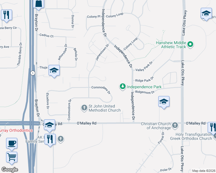 map of restaurants, bars, coffee shops, grocery stores, and more near 1947 Commodore Drive in Anchorage