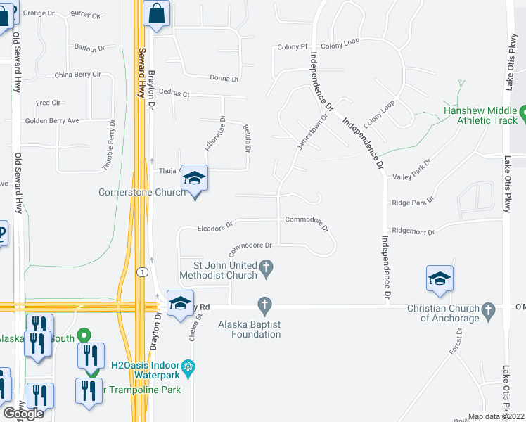 map of restaurants, bars, coffee shops, grocery stores, and more near 1801 Elcadore Drive in Anchorage