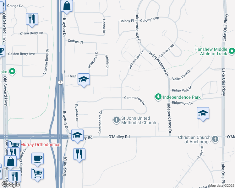 map of restaurants, bars, coffee shops, grocery stores, and more near 1807 Hollybrook Circle in Anchorage