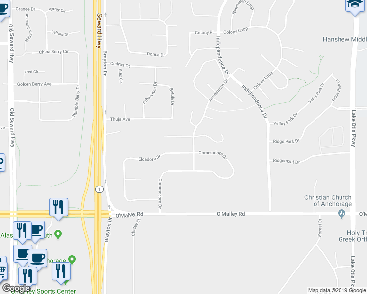 map of restaurants, bars, coffee shops, grocery stores, and more near 1807 Hollybrook Circle in Anchorage