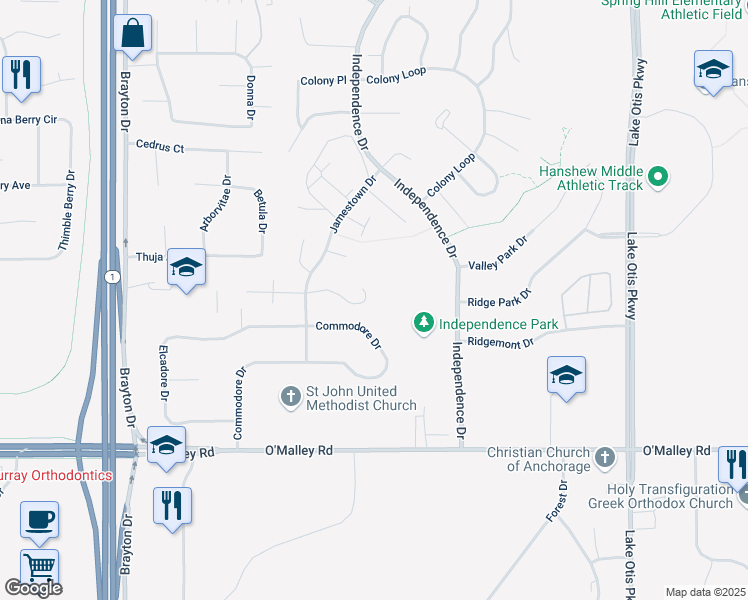 map of restaurants, bars, coffee shops, grocery stores, and more near 10415 Jamestown Drive in Anchorage