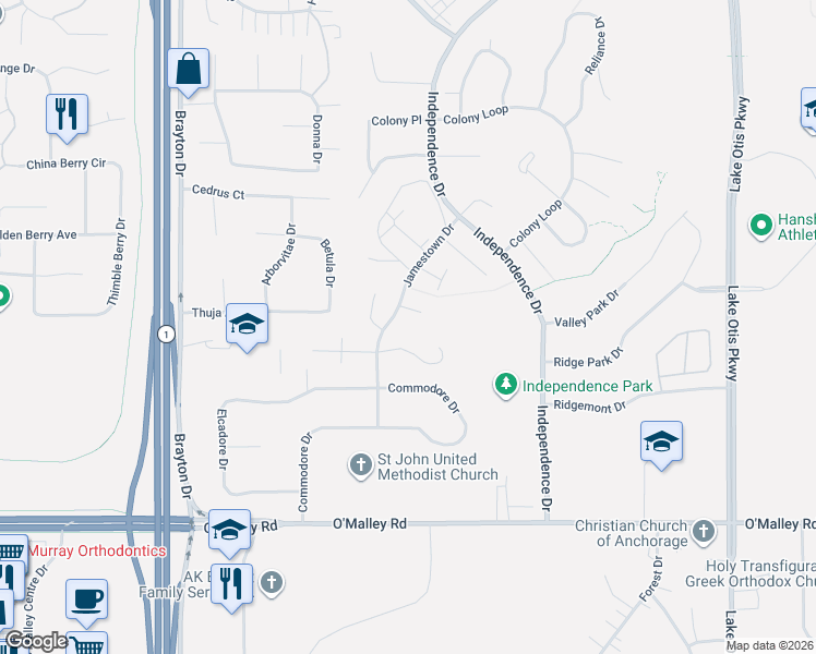 map of restaurants, bars, coffee shops, grocery stores, and more near 1910 Marthas Vineyard Circle in Anchorage