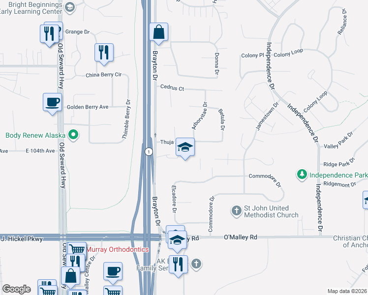 map of restaurants, bars, coffee shops, grocery stores, and more near 10431 Brayton Drive in Anchorage
