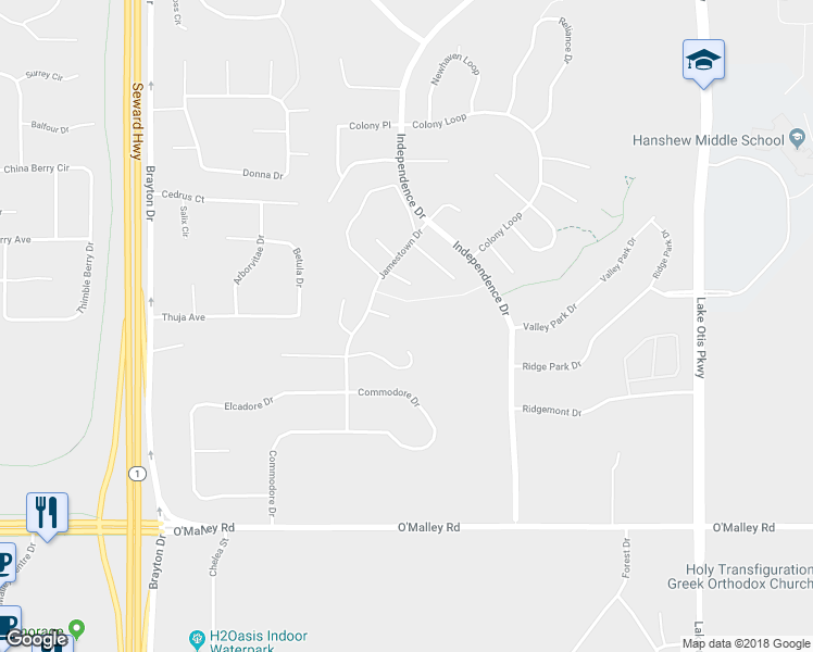 map of restaurants, bars, coffee shops, grocery stores, and more near 10415 Jamestown Drive in Anchorage