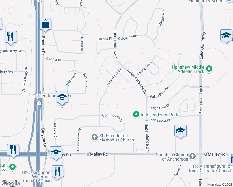 map of restaurants, bars, coffee shops, grocery stores, and more near 10415 Jamestown Drive in Anchorage
