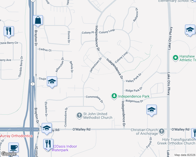 map of restaurants, bars, coffee shops, grocery stores, and more near 10415 Jamestown Drive in Anchorage