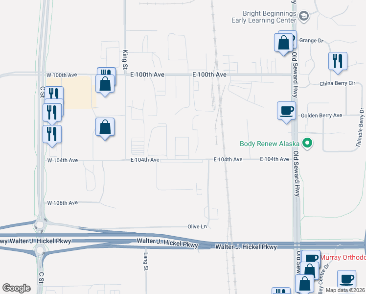 map of restaurants, bars, coffee shops, grocery stores, and more near 431 East 104th Avenue in Anchorage