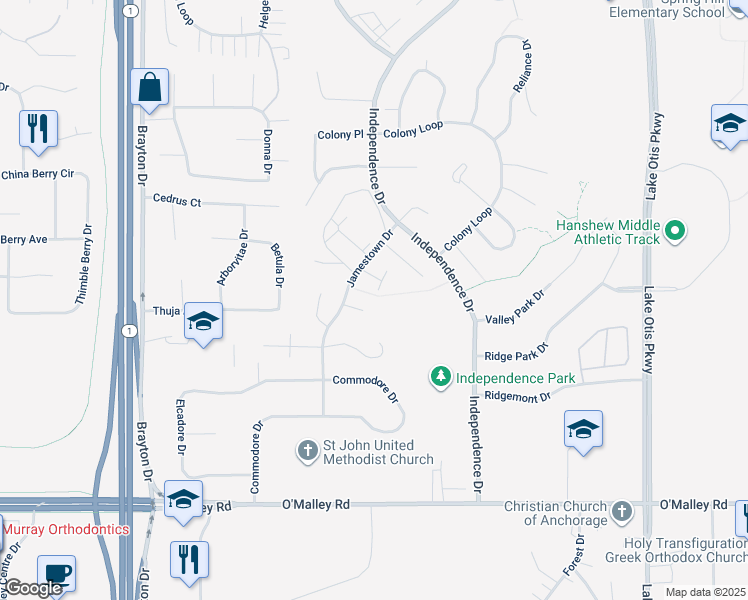 map of restaurants, bars, coffee shops, grocery stores, and more near 10253 Jamestown Drive in Anchorage