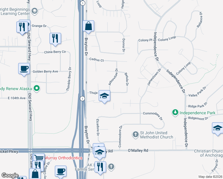 map of restaurants, bars, coffee shops, grocery stores, and more near 10251 Arborvitae Drive in Anchorage