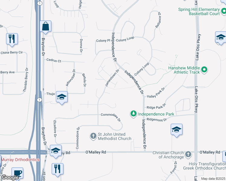 map of restaurants, bars, coffee shops, grocery stores, and more near 10253 Jamestown Drive in Anchorage