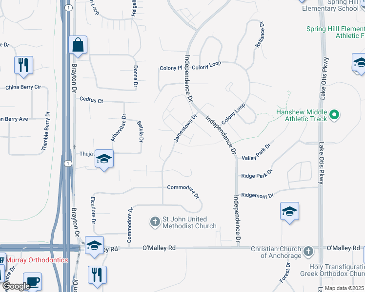 map of restaurants, bars, coffee shops, grocery stores, and more near 10253 Jamestown Drive in Anchorage