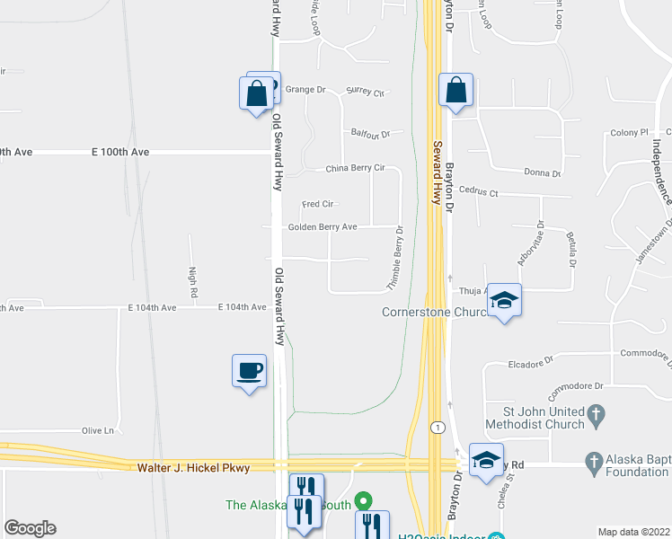 map of restaurants, bars, coffee shops, grocery stores, and more near 1100 Crow Berry Circle in Anchorage