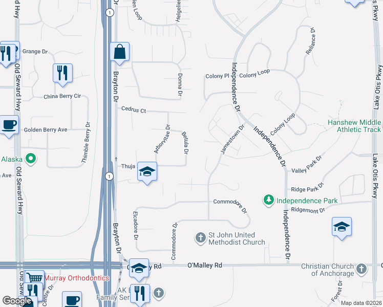 map of restaurants, bars, coffee shops, grocery stores, and more near 10240 Betula Drive in Anchorage