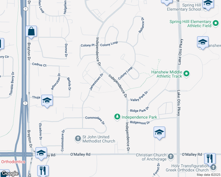 map of restaurants, bars, coffee shops, grocery stores, and more near 10219 Jamestown Drive in Anchorage