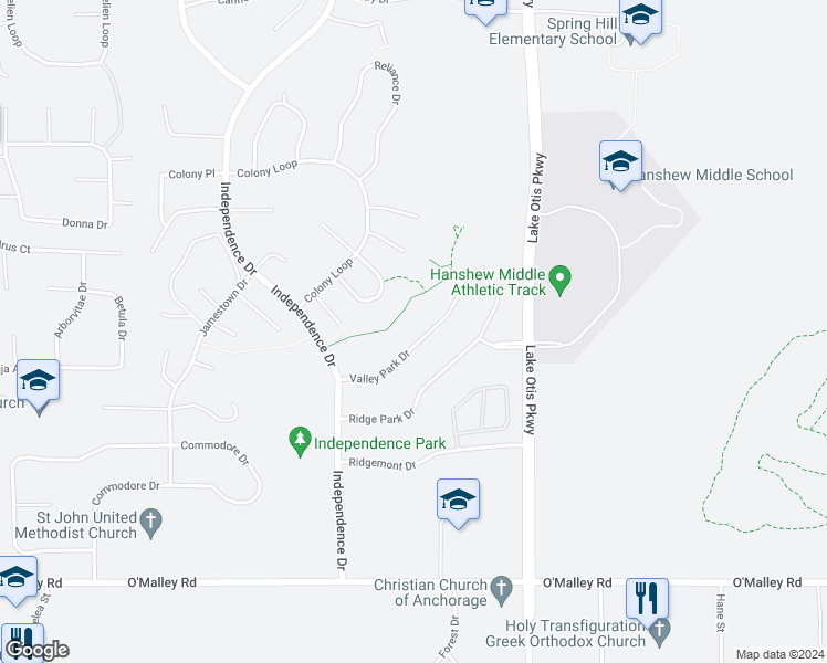 map of restaurants, bars, coffee shops, grocery stores, and more near 10296 Valley Park Drive in Anchorage