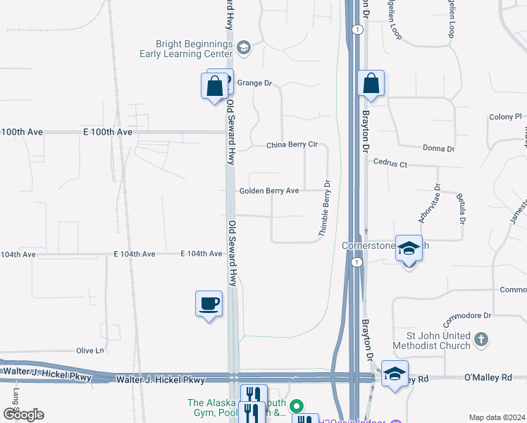 map of restaurants, bars, coffee shops, grocery stores, and more near 10601 Boysenberry Place in Anchorage