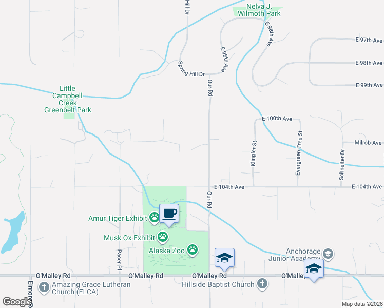 map of restaurants, bars, coffee shops, grocery stores, and more near 10200 Our Road in Anchorage