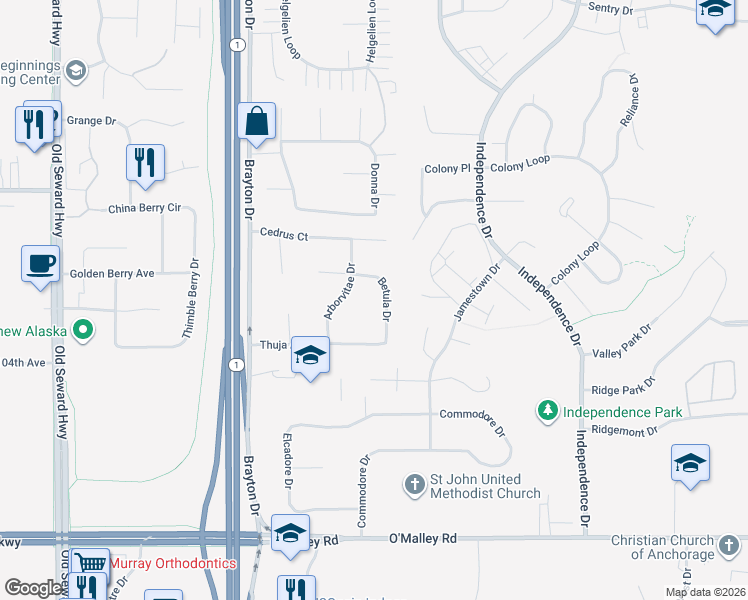 map of restaurants, bars, coffee shops, grocery stores, and more near 10240 Betula Drive in Anchorage