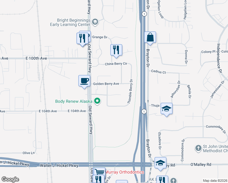 map of restaurants, bars, coffee shops, grocery stores, and more near 1141 Crow Berry Circle in Anchorage