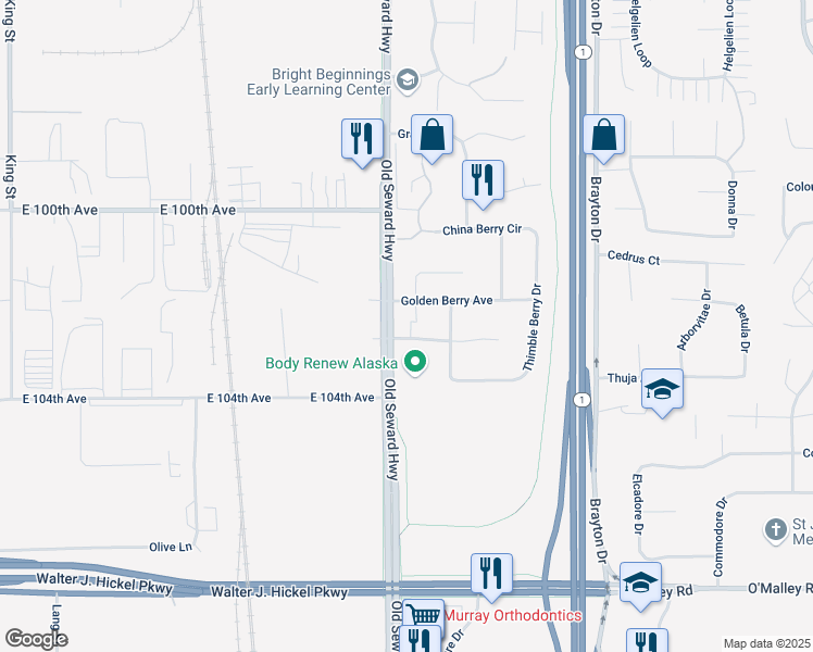 map of restaurants, bars, coffee shops, grocery stores, and more near 1047 Lingon Berry Court in Anchorage